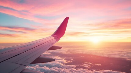 Obraz premium Majestic Sunset Flight - Close-up of a Modern Airplane Wing in 8K Resolution, Generative Ai