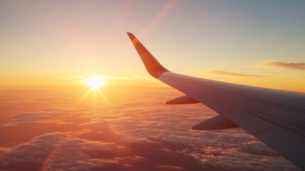 Glowing Sunset Flight - Close-up of Modern Airplane Wing in High Luminosity 8K Resolution, Generative Ai