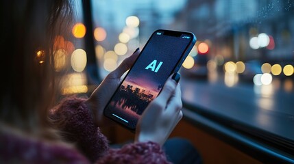 Woman Using Smartphone with AI App in City at Night