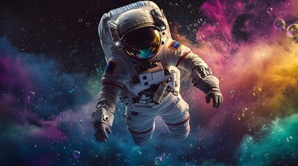 Astronaut Floating in Space with Colorful Nebula and Bubbles