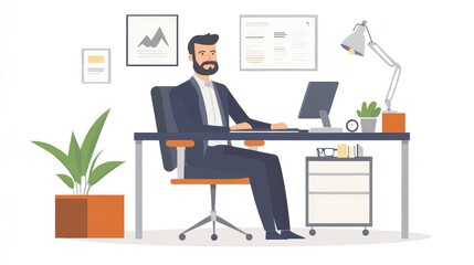 Fototapeta premium Flat Design Illustration of a Businessman Working in a Modern Office on Clean White Background
