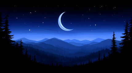 Fototapeta premium Calm night sky over rolling mountains with crescent moon and twinkling stars