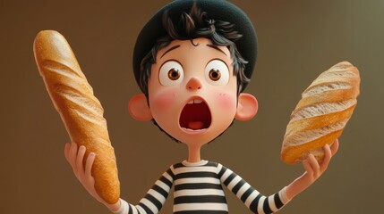 Charming 3D French Character. Surprised with Beret, Baguette, and Dramatic Gesture