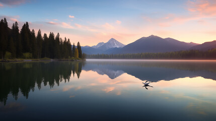 Fototapeta premium Bird Gliding Across A Peaceful Lake In A Forest Setting At Dusk