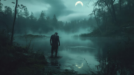 A dark, eerie zombie is walking in a forest near a lake
