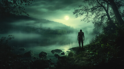 Fototapeta premium A dark, eerie zombie stands on a path near a body of water