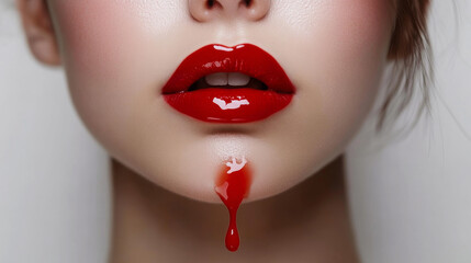 Fototapeta premium A woman's red lips are shiny with lip gloss, and some of the gloss is dripping down her chin against a plain white backdrop.