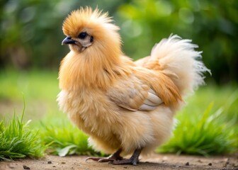 Fototapeta premium Softly glowing buff feathers envelop this delightful silkie chicken, with delicate feet sporting fluffy feathers and a