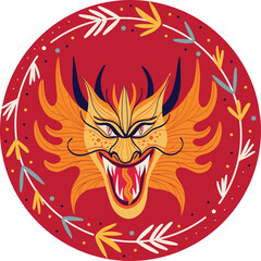 Magical creepy yellow Chinese dragon. Illustration in childish hand drawn style