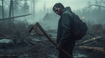 Fototapeta premium A dark, eerie zombie holding a rusted weapon, with half its face missing and bloodstained clothing, standing in a desolate.
