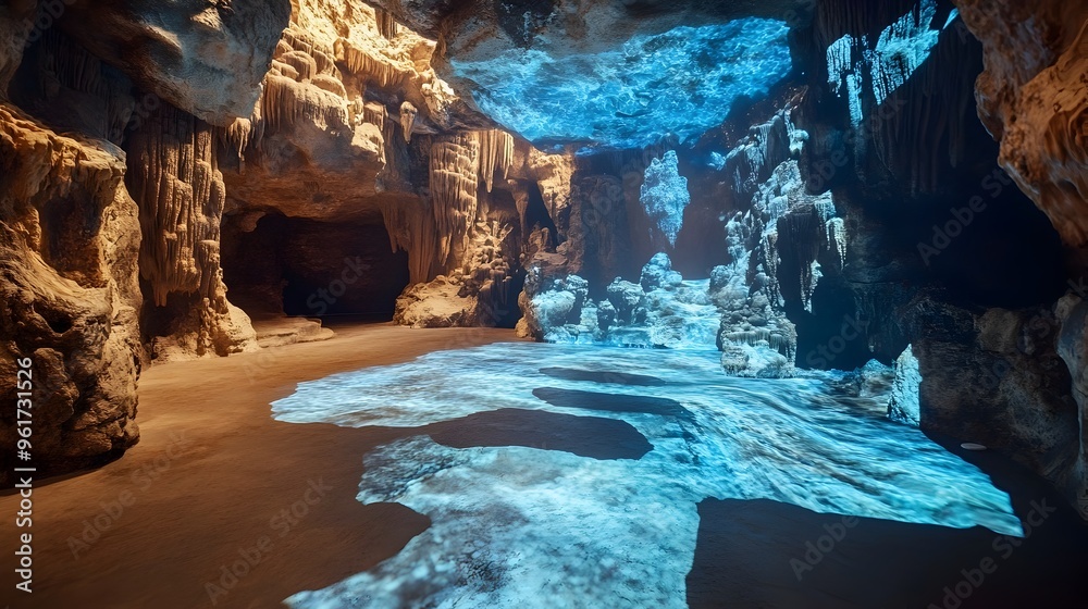 Poster futuristic digital hologram displaying an interactive 3d model of a complex cave system allowing use