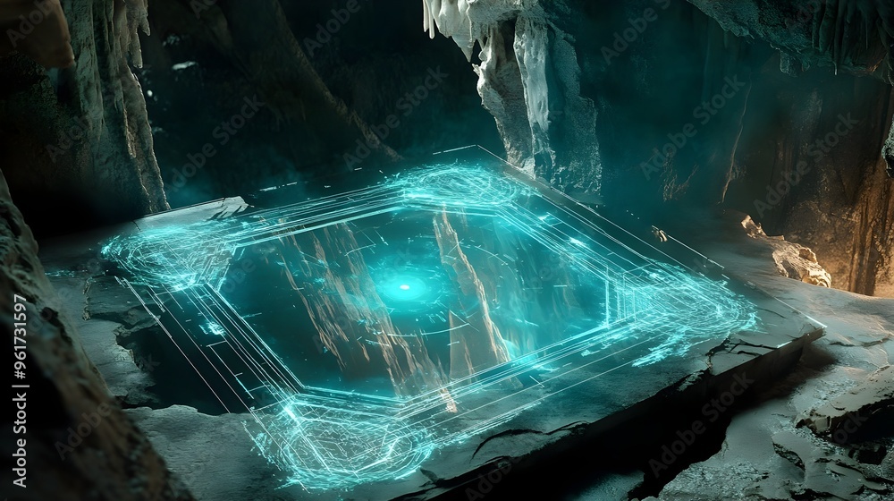 Poster immersive 3d holographic projection displaying an interactive digital model of a complex cave system