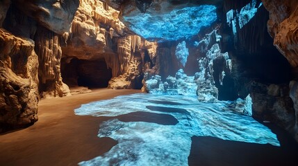 Futuristic digital hologram displaying an interactive 3D model of a complex cave system allowing users to virtually explore investigate and learn about the geological features and formations