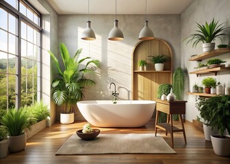 Fototapeta premium Soft natural light illuminates a serene bathroom featuring a freestanding bathtub, lush greenery, and rich wooden