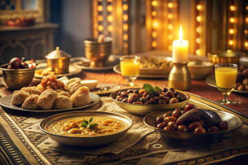 Naklejka premium Warm and Cozy Iftar Meal Setting with Traditional Dishes and Candlelight