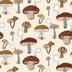 Mushroom vector seamless pattern with cute mushroom houses, warm autumn colors on dark pink background. Fairytale mushrooms, magic autumn