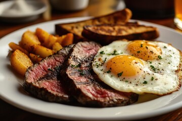 A hearty breakfast plate of steak and eggs, with a side of hash browns and toast
