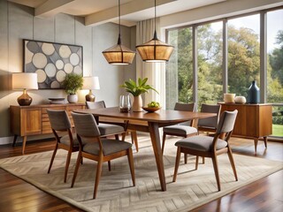 Fototapeta premium Sophisticated Mid-century modern dining room table with geometric details and rich wood tones, exuding warmth and