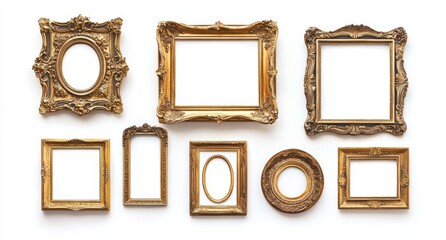 picture frames isolated on white background gold vintage set