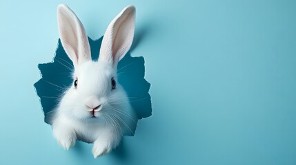 Obraz premium Cute White Bunny Rabbit Peeking Through Hole in Blue Background