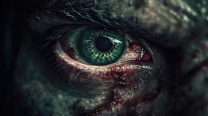 A close up of a person's eye with a green iris and red bloodshot eye