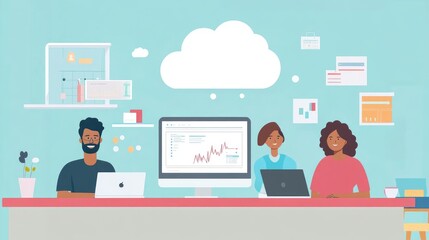 Multicultural team using cloud-based software, flat design, side view, tech startup theme, animation, vivid 