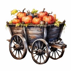 Fototapeta premium A rustic wooden cart filled with vibrant pumpkins and autumn leaves, perfect for seasonal decor and harvest-themed designs.