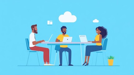 Multicultural team using cloud-based software, flat design, side view, tech startup theme, animation, vivid 