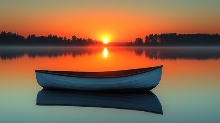 Serene Sunset Over a Tranquil Lake with a Boat