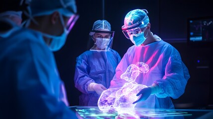 A virtual hologram simulation showcasing the intricate process of cancer surgery and the subsequent recovery stages highlighting the advancements in medical technology and the future of healthcare