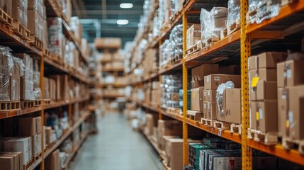 Warehouse Storage Aisle with Cardboard Boxes