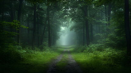 Obraz premium A serene early morning walk through a misty forest path surrounded by tall trees and lush greenery