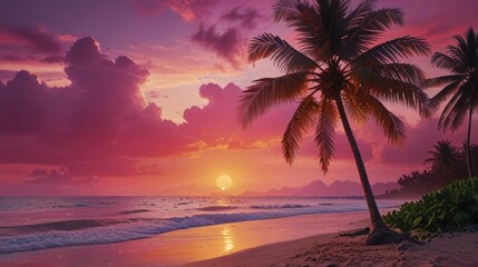 Sunset beach with pink sky and palm tree