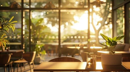 Fototapeta premium Cafe restaurant with blurred interior for product display in golden hour