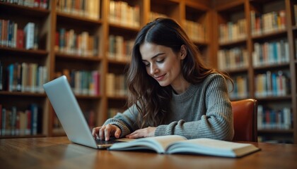 Beautiful Caucasian Female Student Working on a Laptop Computer in the Library. 