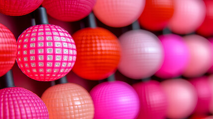 Fototapeta premium Vibrant arrangement of textured spheres in shades of red and pink against a bright background in a creative art installation