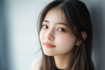 Naklejka premium Portrait of young Asian woman with natural makeup in soft light