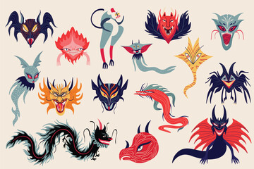 Set of comic illustrations with fantasy fantasy dragons in cartoon style