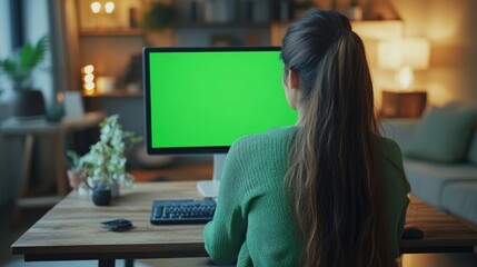 Person Working at Computer with Green Screen