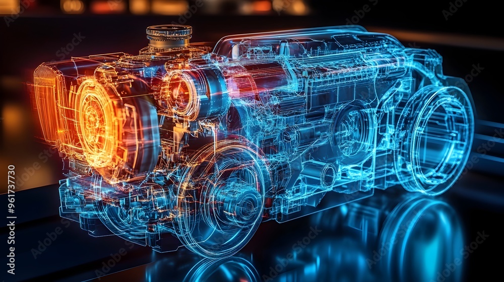 Poster holographic projection showcasing the intricate internal components and structure of a car engine wi