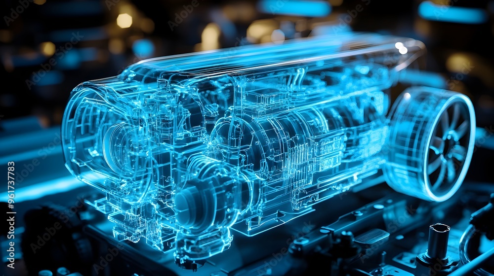 Poster holographic 3d projection displaying the intricate internal components and mechanics of a car engine
