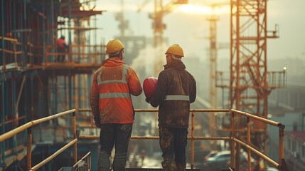 Two construction workers standing in a crane basket, The background is filled with cranes, scaffolding, and construction equipment. teamwork, safety, and the industrial environment. Generative AI.