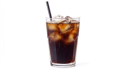 A Glass of Cold Cola with Ice and a Straw