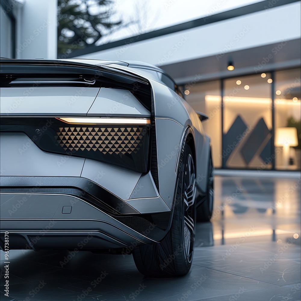 Poster Close up of the rear diffuser of the electric SUV features a streamlined and futuristic design, that integrate in its design a triangular pattern. Generative AI.