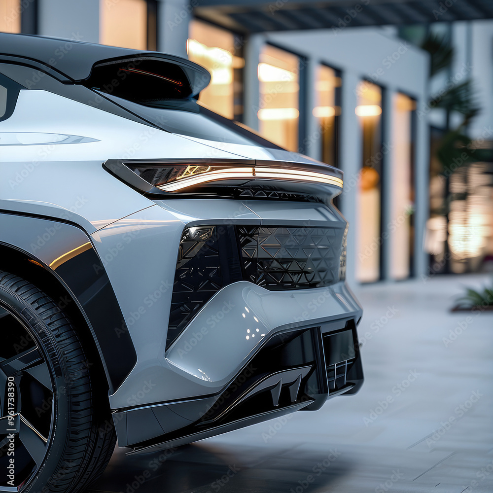 Poster Close up of the rear diffuser of the electric SUV features a streamlined and futuristic design, that integrate in its design a triangular pattern. Generative AI.