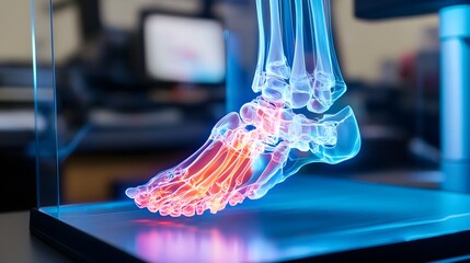 Holographic visualization of an innovative prosthetic foot with real time adjustments showcasing the latest advancements in medical technology and assistive devices for enhanced mobility and of life