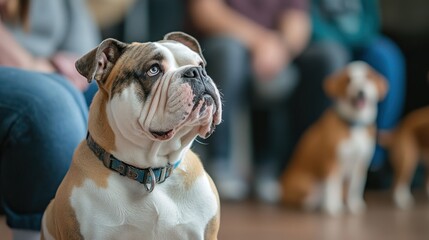 A focused bulldog sits in a group setting, showcasing its attentive expression.