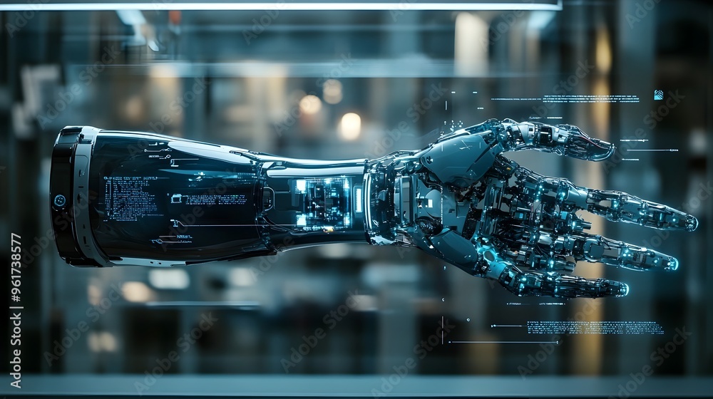 Poster holographic showcase of a futuristic prosthetic arm with intricate robotic mechanics and advanced bi