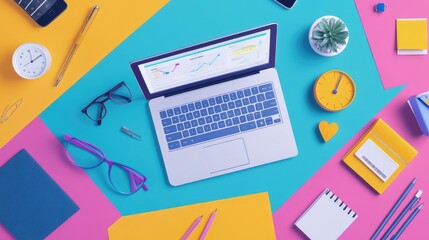 Smart project management tools for remote teams, flat design, top view, tech productivity theme, animation, Split-complementary color scheme