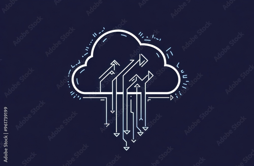 Poster cloud computing concept with an icon of a cloud and upward arrows symbolizing data transfer and stor